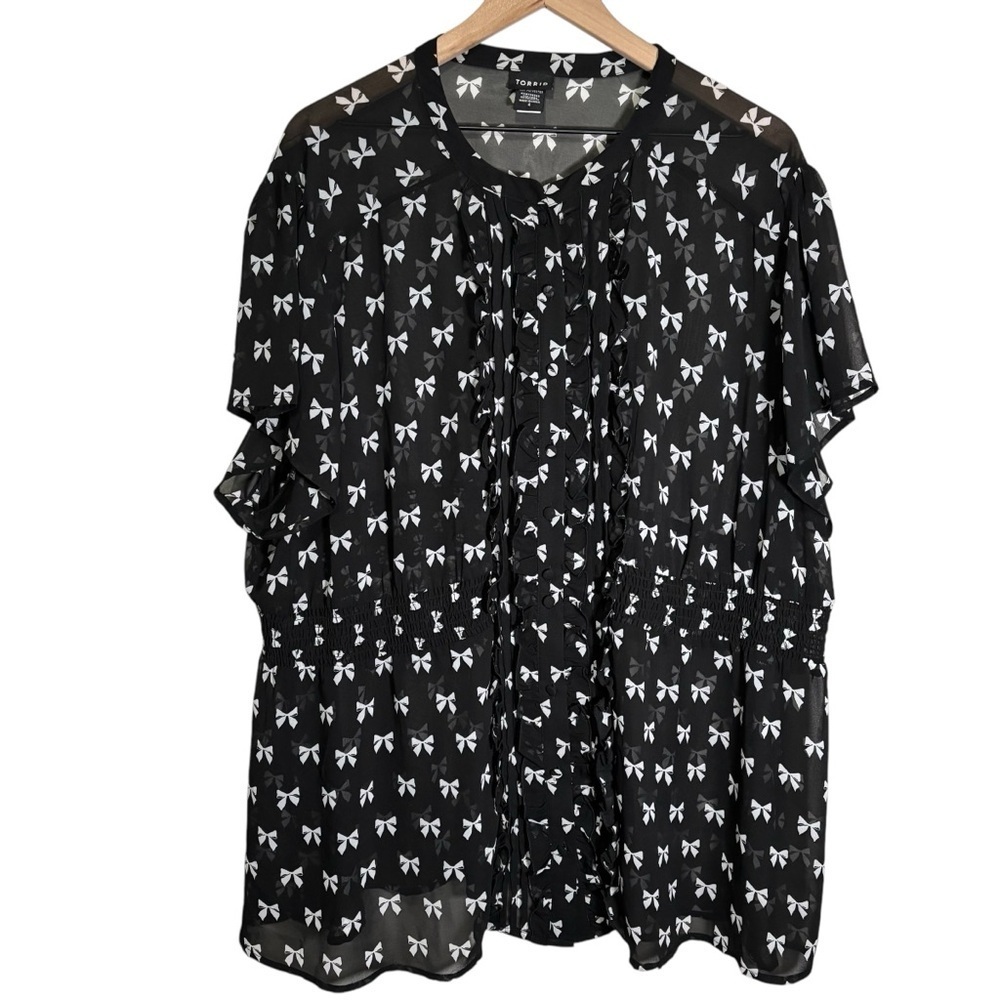 Torrid Sheer Top Women's Size 4X Bow Print Ruffles Smocking Sheer Cottage Core